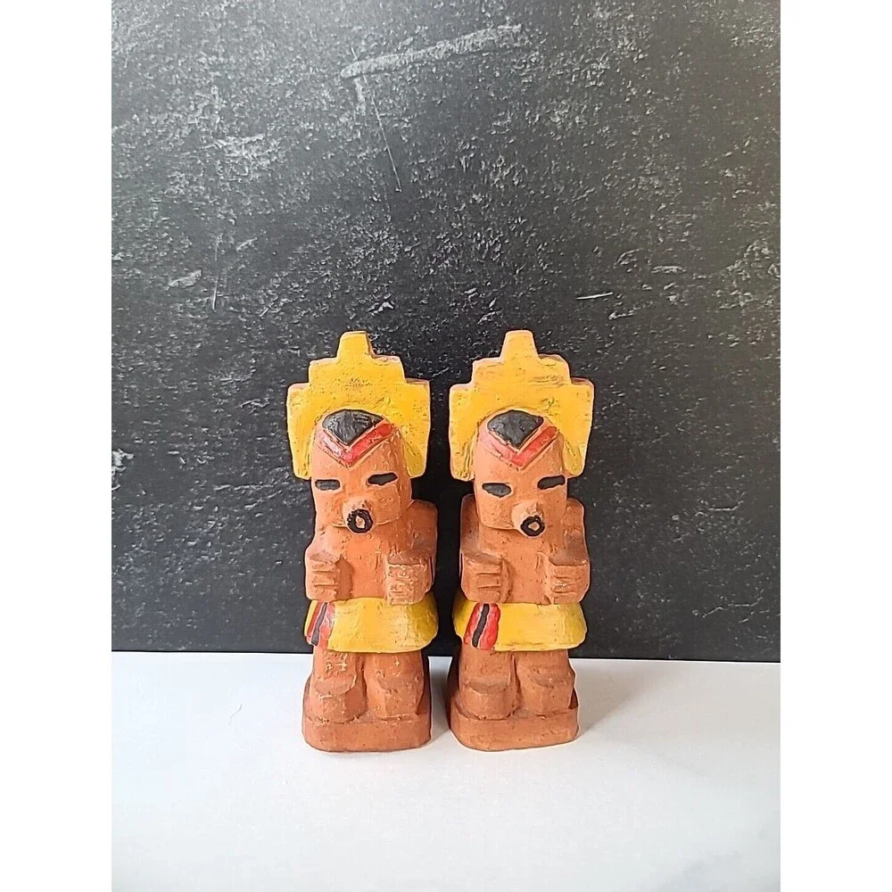 Vintage Clay Totem Style Salt And Pepper Shakers, READ